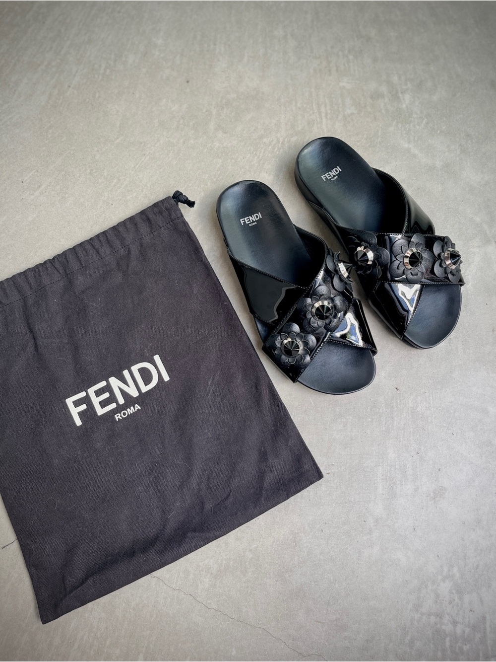 Fendi Black Patent Leather Flowerland Studded Criss Cross Slide Sandals